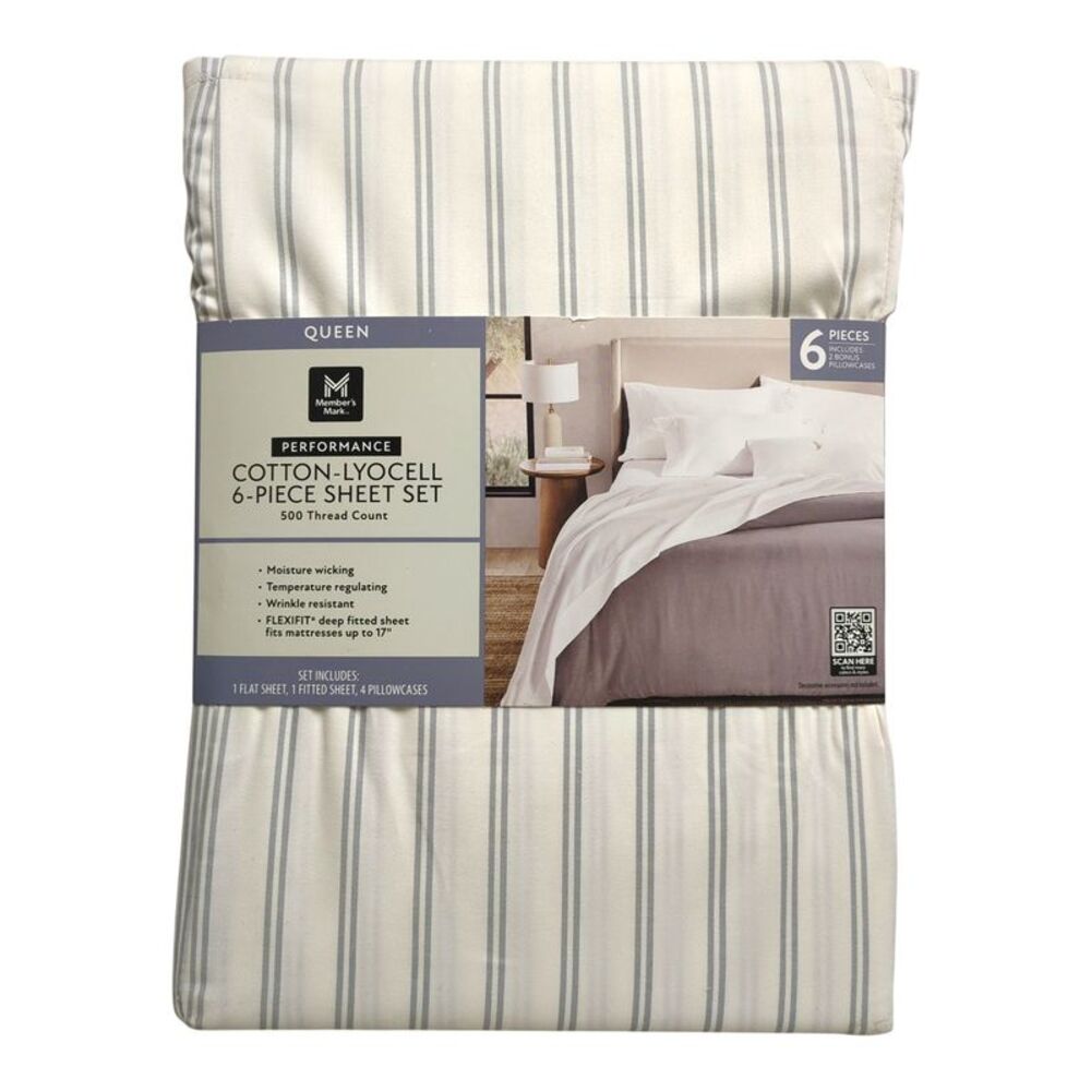 Soft Silver - Member's Mark 500TC Performance Cotton-Lyocell Striped Sheet Set,